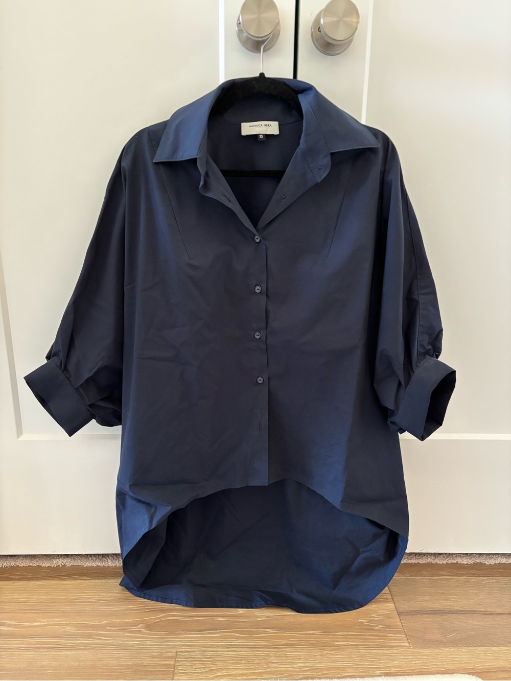 Monica Nera Navy Blue Hi Low Buttondown Shirt